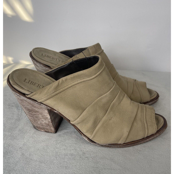 Liberty Black Peep Toe Mule Heels Size 7 Cognac Cream Leather Chunky - Picture 2 of 10